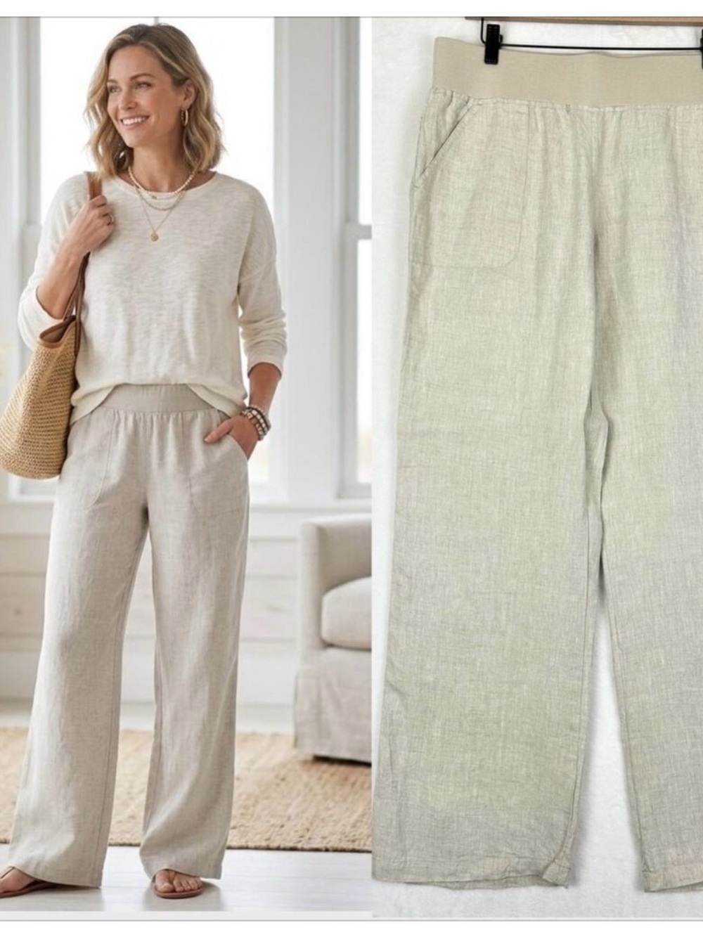 Allen Allen 100% Linen Relaxed Wide-Leg Pants - Cream/Natural SZ XS